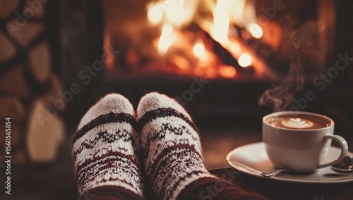 Wallpaper Mural Cozy feet in warm socks near a fireplace with coffee (1) Torontodigital.ca