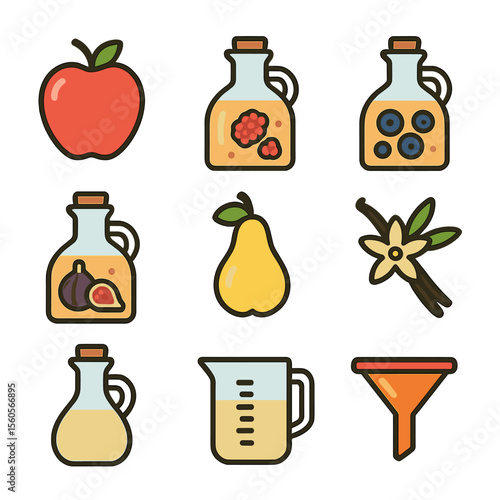 Fruit Vinegar Icons. Flat icon set of vinegar fruit infusions: apple, raspberry, blueberry, fig, pear, vanilla pod, glass vinegar
