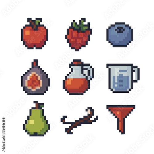 Fruit Vinegar Icons. Pixel art icon set of vinegar fruit infusions: apple, raspberry, blueberry, fig, pear, vanilla pod, glass