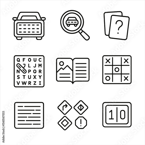 Fun Car Games Set. Outline icon set of fun car games: license plate bingo, I Spy magnifying glass, trivia card, word search,