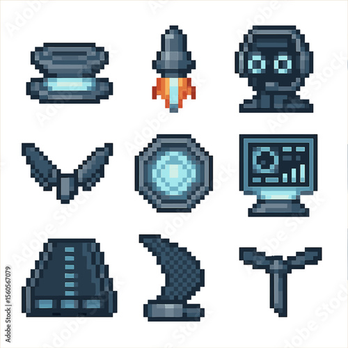 Futuristic Tech Icons. Pixel art icon set of futuristic flying tech: anti-gravity pad, plasma thruster, AI co-pilot interface,