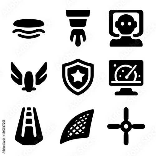 Futuristic Tech Icons. Solid, Filled icon set of futuristic flying tech: anti-gravity pad, plasma thruster, AI co-pilot interface,