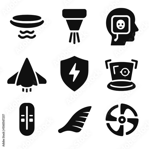 Futuristic Tech Icons. Solid, Filled icon set of futuristic flying tech: anti-gravity pad, plasma thruster, AI co-pilot interface,