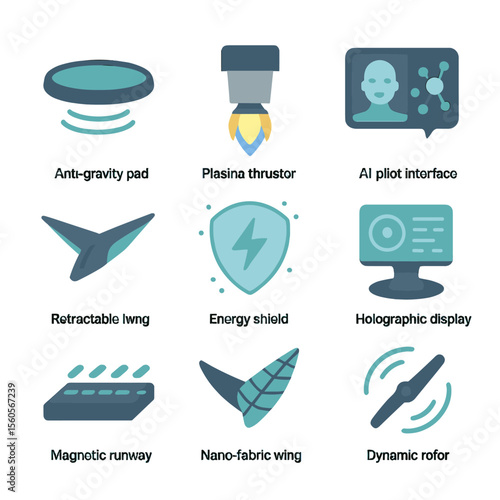 Futuristic Flying Tech Icons. Flat icon set of futuristic flying tech: anti-gravity pad, plasma thruster, AI co-pilot interface,