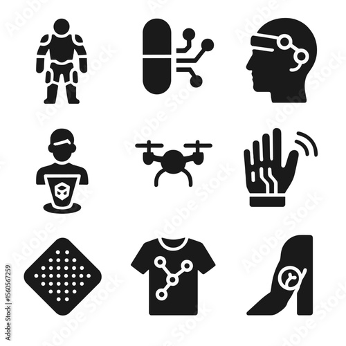 Futuristic Wearable Icons. Solid, filled icon set of futuristic wearable concepts: exoskeleton suit, bio-sensor implant, neural