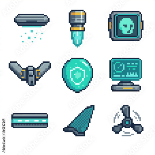 Futuristic Tech Icons. Pixel art icon set of futuristic flying tech: anti-gravity pad, plasma thruster, AI co-pilot interface,