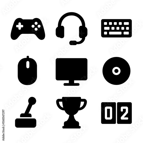 Gaming Icons Grid. Solid, filled icon set of gaming session essentials: game controller, headset, keyboard, mouse, monitor, game