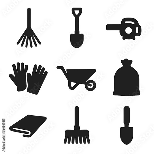 Garden Tools Icons. Solid, Filled icon set of raking tools: leaf rake, garden shovel, leaf blower, wheelbarrow, garden gloves,