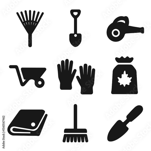 Garden Tools Icons. Solid, Filled icon set of raking tools: leaf rake, garden shovel, leaf blower, wheelbarrow, garden gloves,