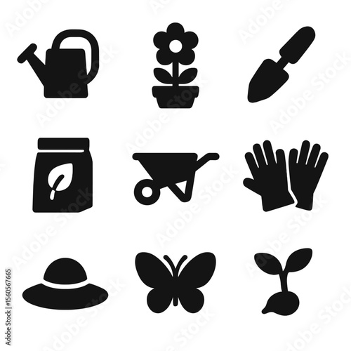 Gardening Icon Set. Solid, Filled icon set of gardening fun: watering can, flower pot, trowel, seed packet, wheelbarrow, garden