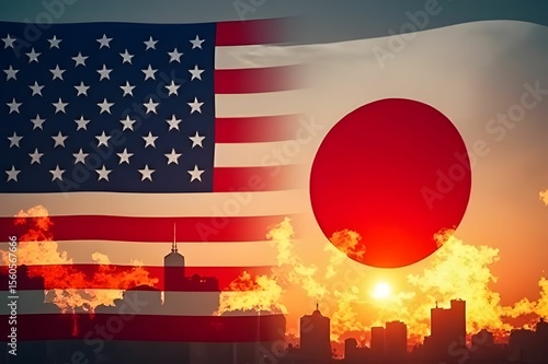 American flag and Japan flag with fire burning. USA finance, government, and economics concept. Trade war. Tax and tariff concept