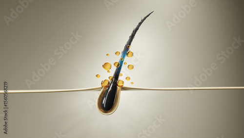 3D medical illustration of hair follicle repair and hair loss treatment. Cosmetic serum action on damaged scalp, showing oil, moisture, and vitamin absorption. Clean, modern skincare science concept.
