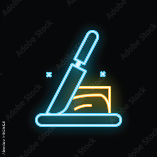 Bright neon icon of knife spreading butter on toast, perfect for breakfast menu or cafe sign