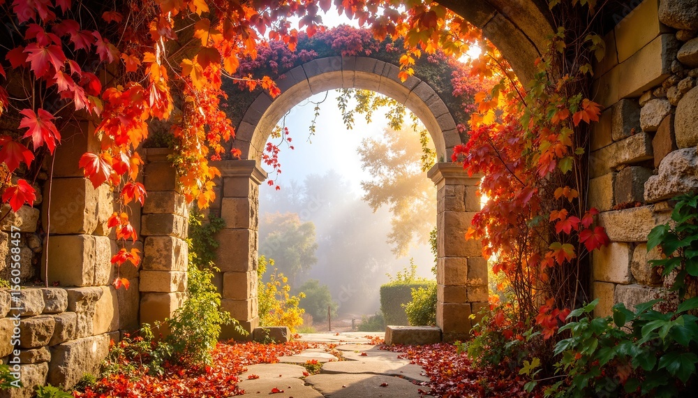 Fototapeta premium A weathered stone archway adorned with lush green vines and delicate leaves, creating a natural frame that invites exploration into a serene garden.
