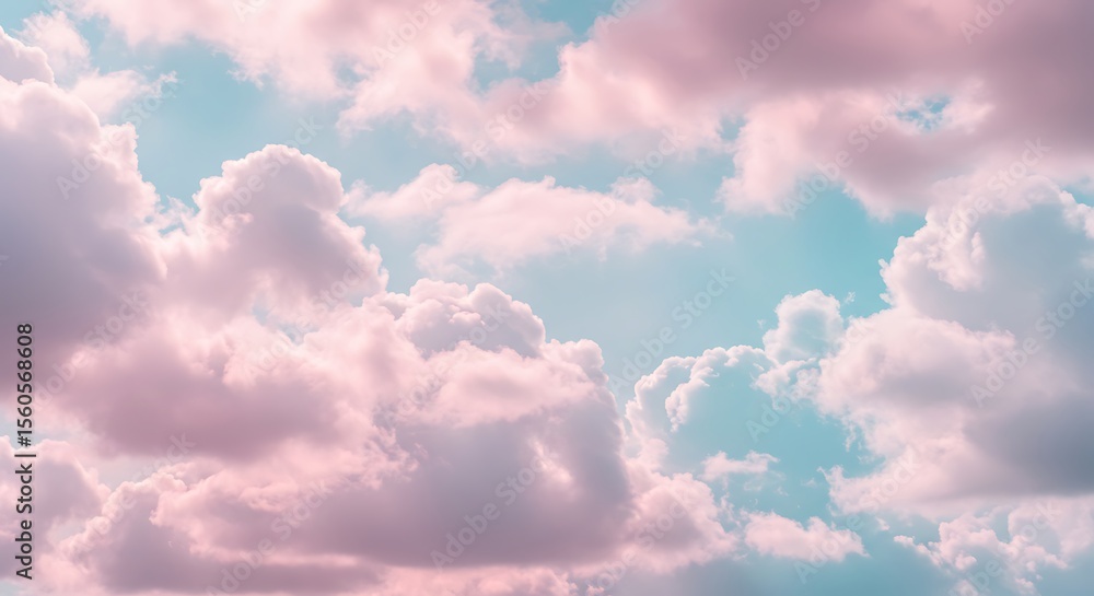 Fototapeta premium Pastel Pink and Blue Sky with Fluffy Clouds Dreamy Nature Photography