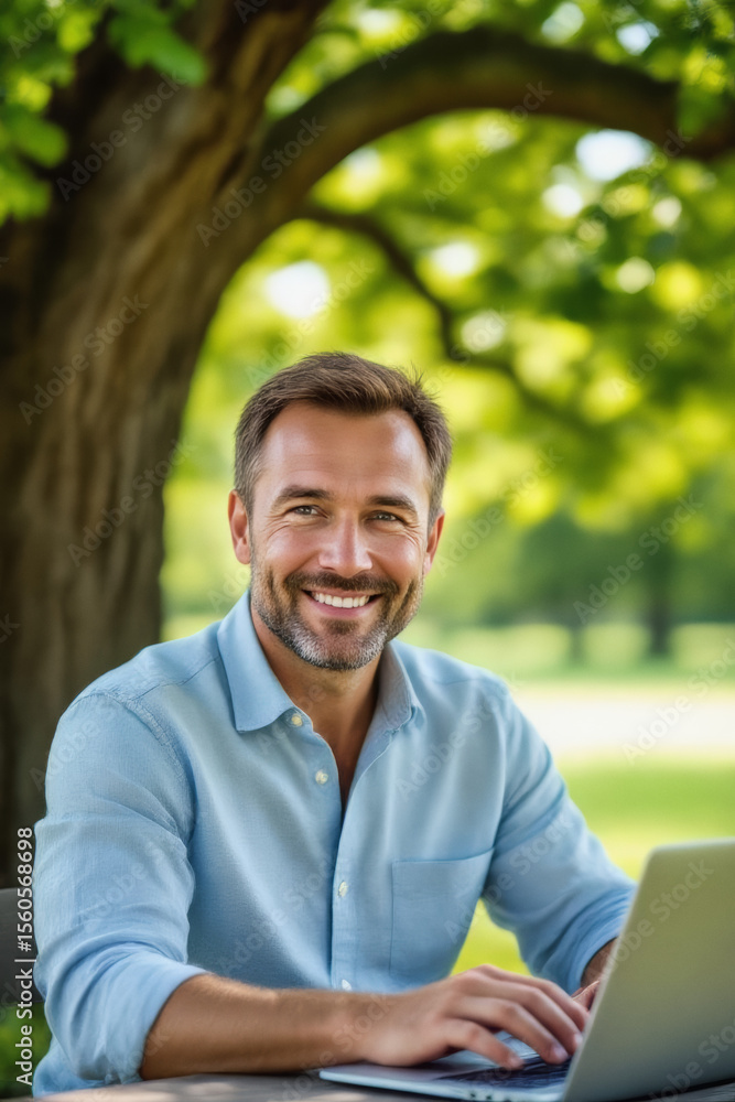 Fototapeta premium A smiling man with short hair and a light blue shirt sits outdoors, working on a laptop under the shade of a large tree.