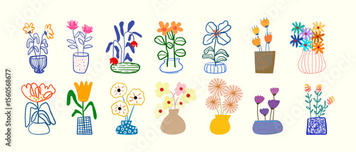 Flower, floral bunches in vases hand drawn icon element isolated illustration..Blossomed spring summer plants decoration.