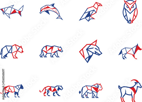 Twelve polygonal line animals feature a unique red and blue geometric color scheme against a white background