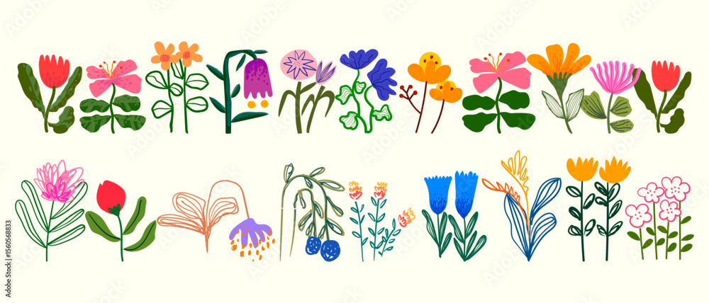 Fototapeta premium Pastel colors flowers leaves plants icon element illustration. Spring, summer flat botanical theme.