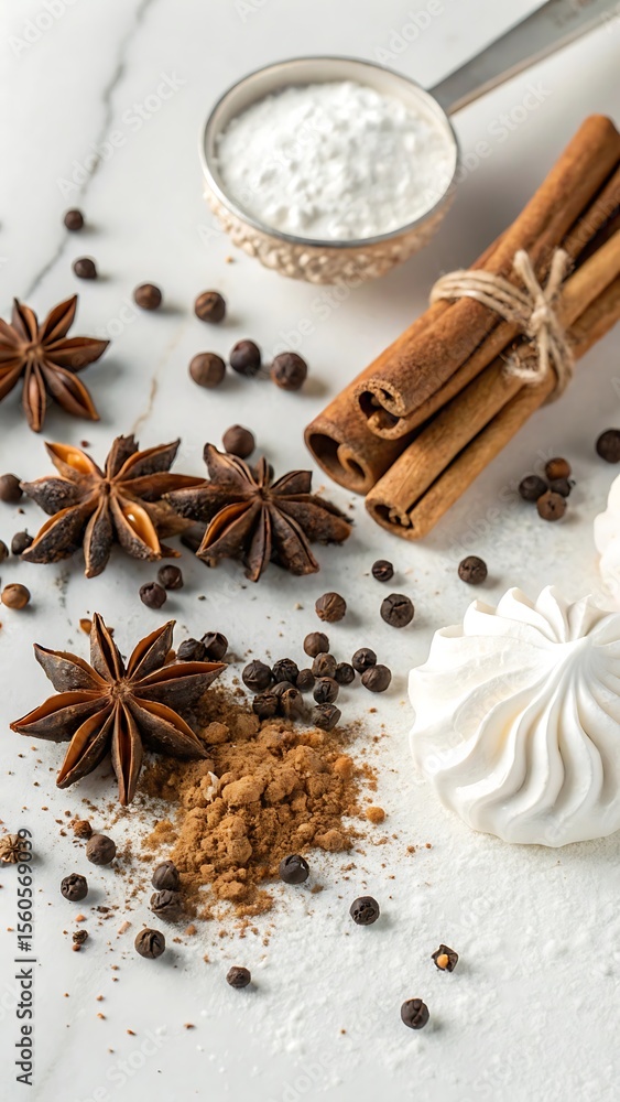 Fototapeta premium Aromatic spices including star anise cinnamon sticks and peppercorns with powdered sugar
