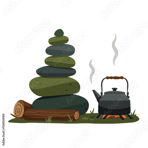 Stylized camping tea kettle with stacked stones illustration for outdoor and nature designs

