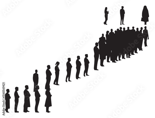 
A line of black human silhouettes curving into a large group, with three figures standing apart at the top, illustrating a crowd or queue formation.