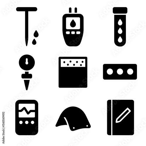 Geotechnical Testing Icons. Solid, Filled icon set of geotechnical moisture testing: soil probe, moisture meter, sample tube,