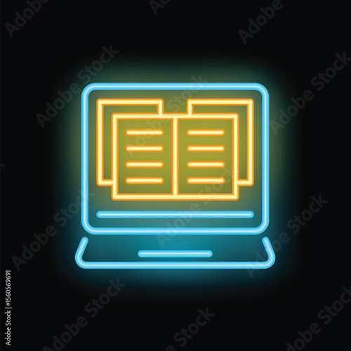Neon icon of online education is glowing, with documents displaying on a laptop screen