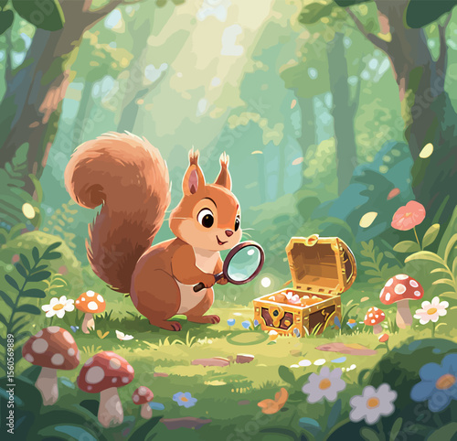 Charming animated squirrel exploring a treasure chest in a lush forest setting.