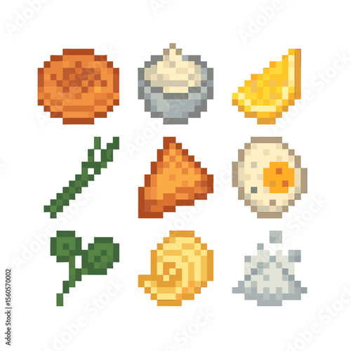 Gourmet Seafood Icons. Pixel art icon set of gourmet seafood pairings: blini, crème fraîche, lemon wedge, chive sprig, toast point