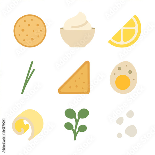 Gourmet Seafood Pairings. Flat icon set of gourmet seafood pairings: blini, crème fraîche, lemon wedge, chive sprig, toast point,