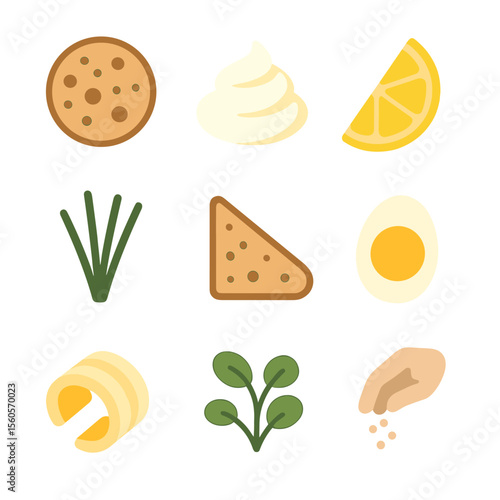 Gourmet Seafood Pairings. Flat icon set of gourmet seafood pairings: blini, crème fraîche, lemon wedge, chive sprig, toast point,