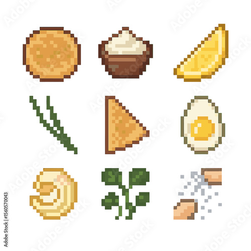 Gourmet Seafood Icons. Pixel art icon set of gourmet seafood pairings: blini, crème fraîche, lemon wedge, chive sprig, toast point