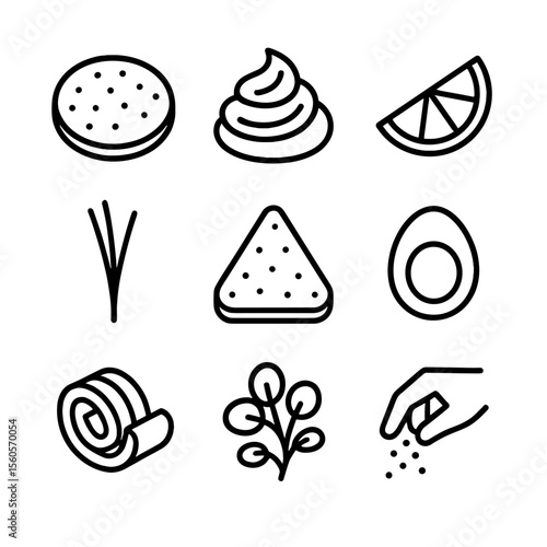 Gourmet Seafood Icons. Outline icon set of gourmet seafood pairings: blini, crème fraîche, lemon wedge, chive sprig, toast point,