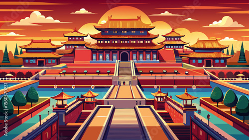 Forbidden City in Beijing stretches across a vast, symmetrical courtyard complex, with red walls, golden roofs, and ancient stone bridges—reflecting Ming and Qing dynasty perfection.