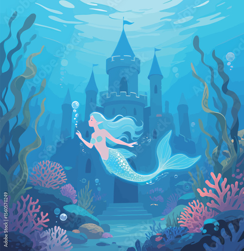 Enchanting mermaid swims gracefully near a majestic underwater castle.