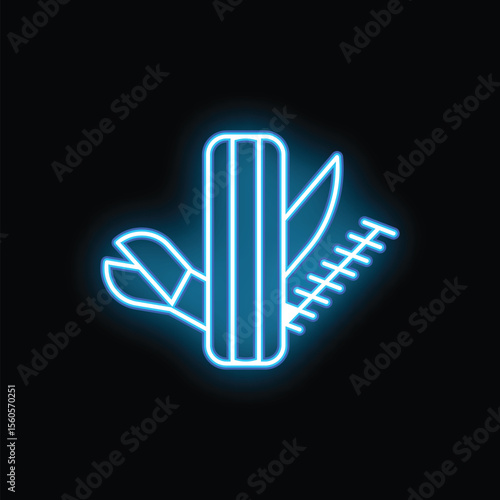 Glowing neon sign of a multitool knife with pliers and a saw on a black background