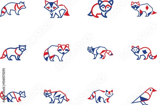 Geometric animals in red and blue outlines form an eyecatching patterned collection on white