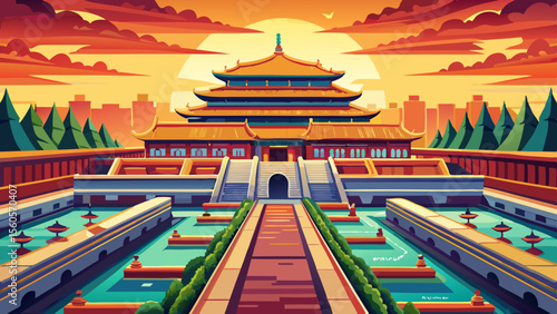 Forbidden City in Beijing stretches across a vast, symmetrical courtyard complex, with red walls, golden roofs, and ancient stone bridges—reflecting Ming and Qing dynasty perfection.