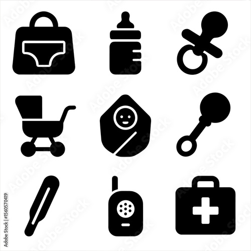 Grandchildren Care Icons. Solid, filled icon set of grandchildren care: diaper bag, baby bottle, pacifier, stroller, blanket,