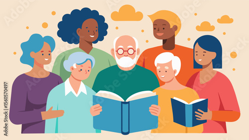 A group of adults in a retirement home using large print and interactive books to stimulate their brains and engage with each other in a fun and social setting.. Vector illustration