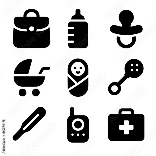 Grandchildren Care Icons. Solid, filled icon set of grandchildren care: diaper bag, baby bottle, pacifier, stroller, blanket,