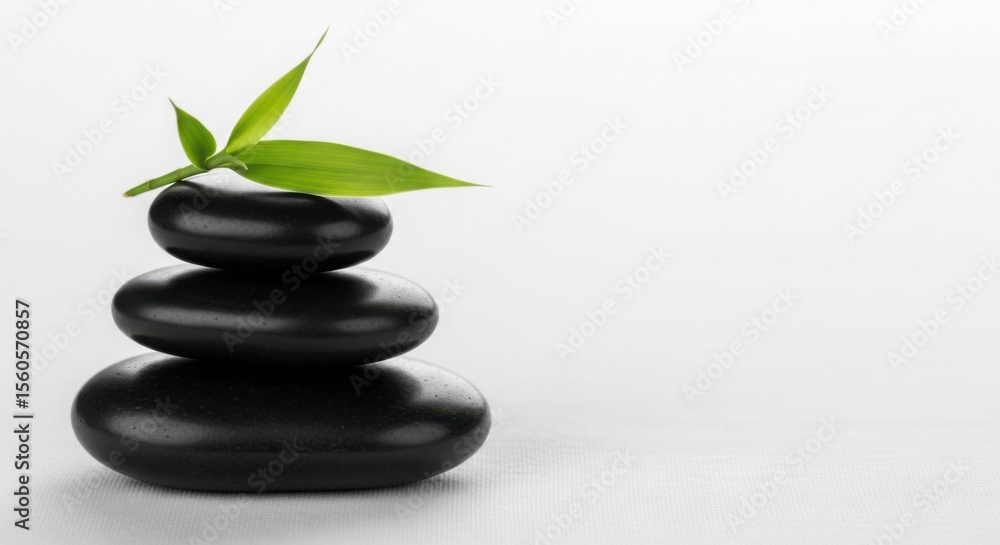 Obraz premium Stack of three black spa stones with a green bamboo leaf on top perfect for wellness and relaxation websites
