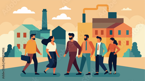 A group of coworkers taking a walk through the old industrial area where their company used to be located sharing memories of their time working there and how far theyve all come. Vector illustration