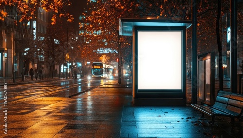 Fototapeta Naklejka Na Ścianę i Meble -  Empty billboard on a city bus stop at night, wet street