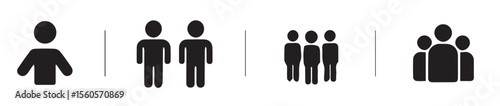 A set of simple black silhouettes representing a single person, a pair of people, a small group, and a larger crowd, on a white background.