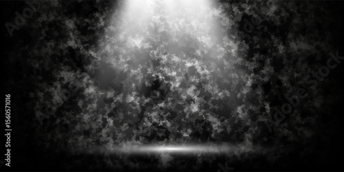 Product showcase with spotlight. Black studio room background. Use as montage for product display .Abstract blank black concrete wall and studio room with smoke floating on interior fabric