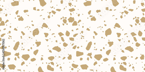 Golden terrazzo flooring seamless texture. Realistic vector pattern of mosaic floor with natural stones, granite, marble, irregular shapes. Gold and white minimal background. Trending repeated design