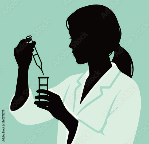 A female scientist conducts an experiment in a lab setting with a syringe and test tube.