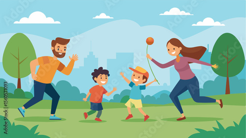 A family playing a game of tag in the park their energy and excitement palpable.. Vector illustration
